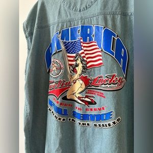 Men’s “Feeling Lucky” sleeveless jean button down casual shirt